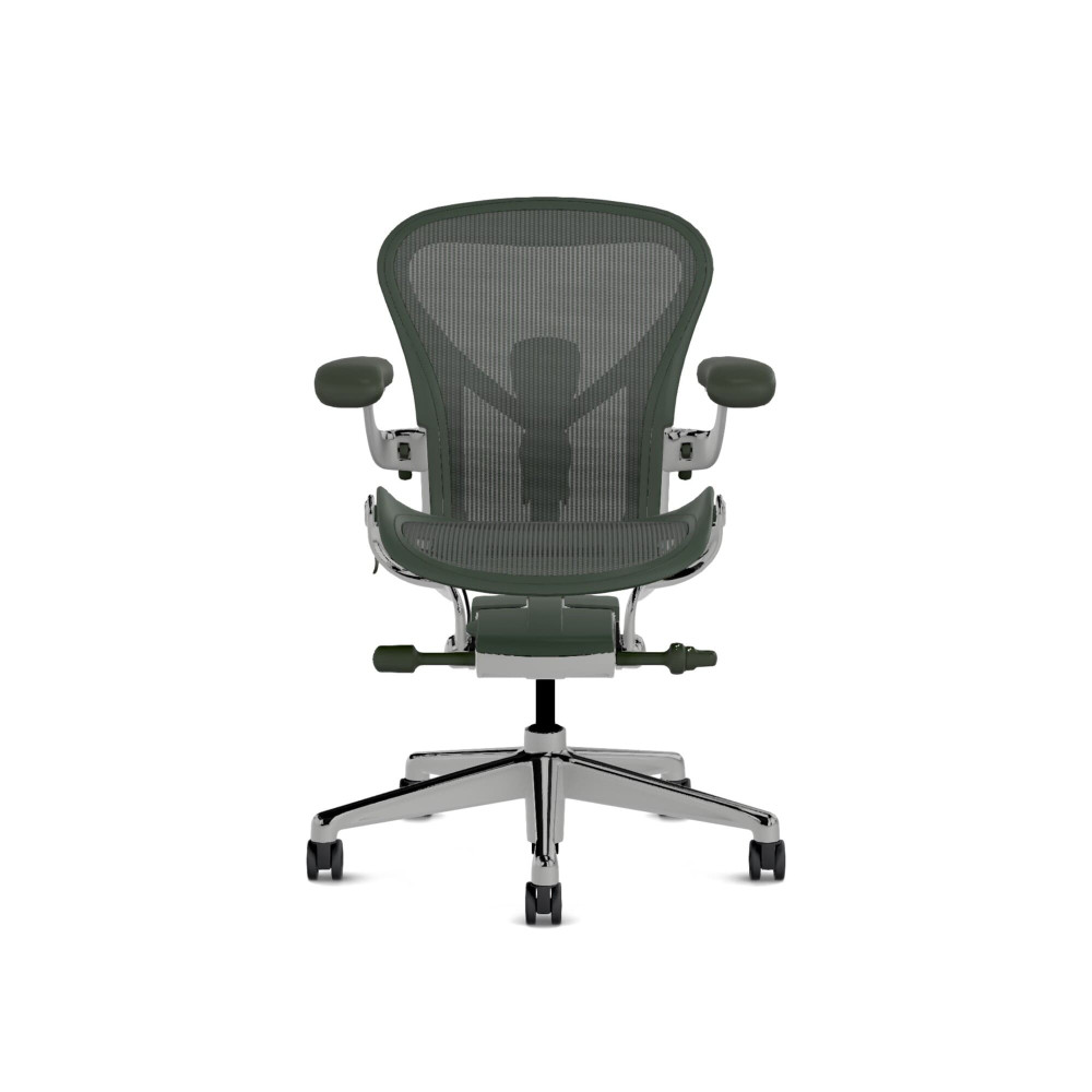 Herman Miller Aeron - Офісне крісло, розмір A, зелене сидіння та спинка, основа з полірованого алюмінію з поліамідними колесами | Робочі станції