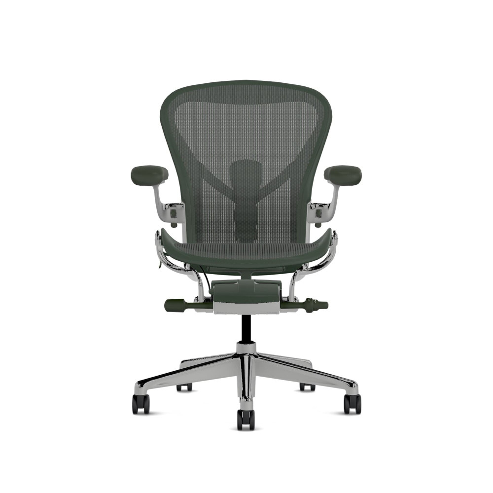 Herman Miller Aeron - Офісне крісло, розмір B, зелене сидіння та спинка, основа з полірованого алюмінію з поліамідними колесами | Корпоративне використання