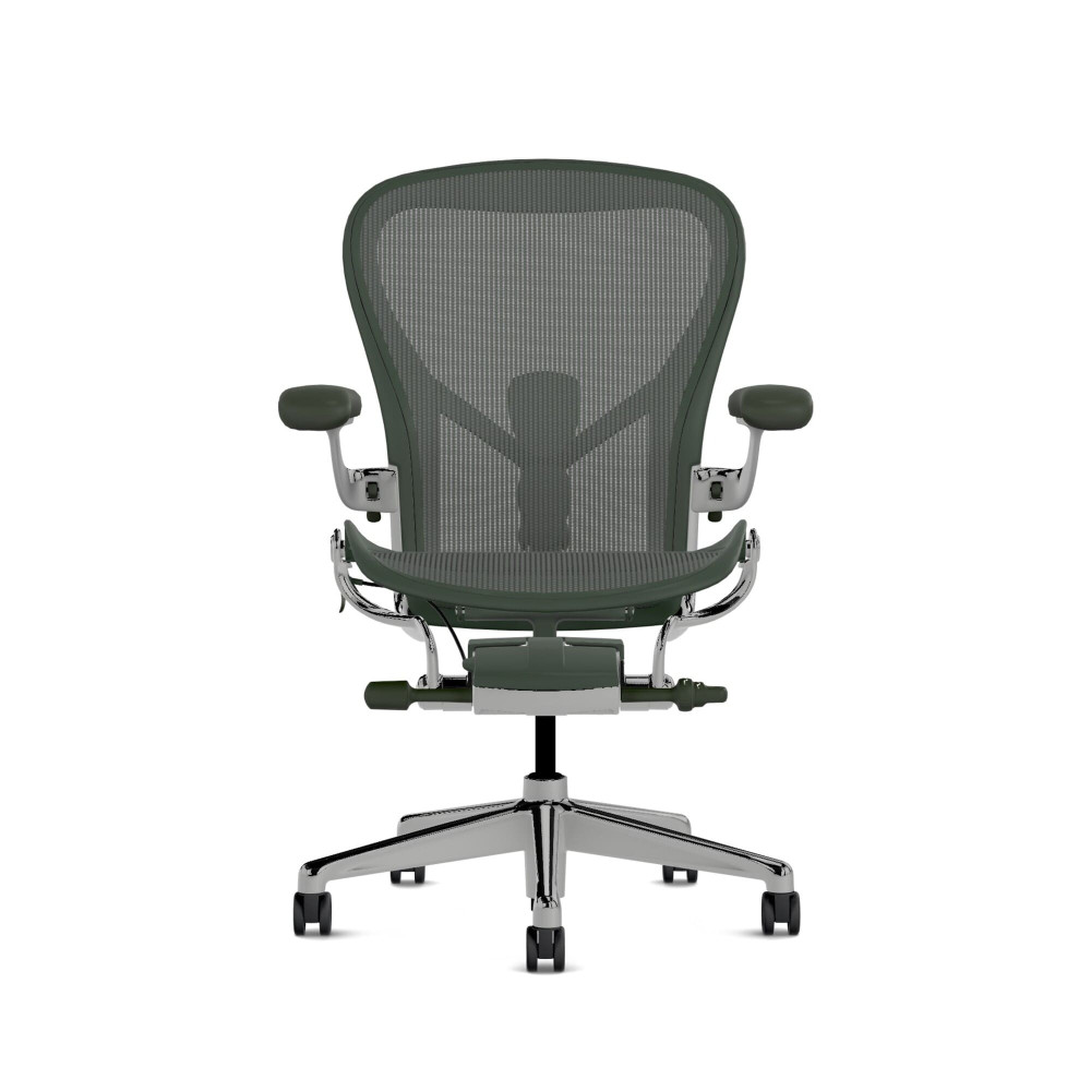 Herman Miller Aeron - офісне крісло, розмір C, зелене сидіння та спинка, полірована алюмінієва основа з поліамідними коліщатками | Робота за столом