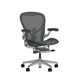 Herman Miller Aeron - офісне крісло, розмір C, зелене сидіння та спинка, полірована алюмінієва основа з поліамідними коліщатками | Робота за столом